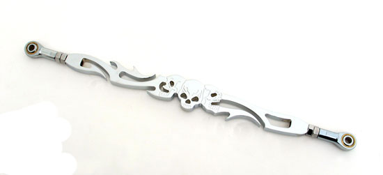 Chrome billet shift link with end bolts. Tribal flames and skulls design. 3 inches over stock length.