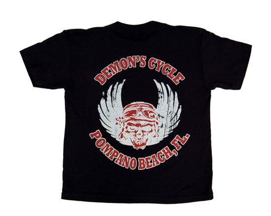 Demon's Cycle Black T-Shirt Faded Glory Pompano Beach FL Pilot Skull and Wings Youth S (Back)